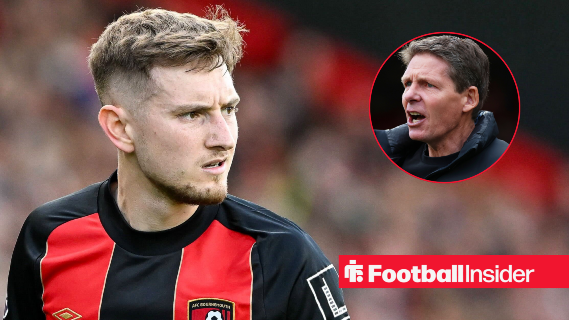 Bournemouth's David Brooks in action frowning right at Crystal Palace manager Oliver Glasner who is shouting back at him from sideline right inset