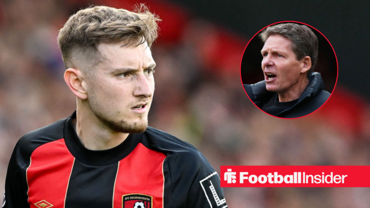 Bournemouth's David Brooks in action frowning right at Crystal Palace manager Oliver Glasner who is shouting back at him from sideline right inset