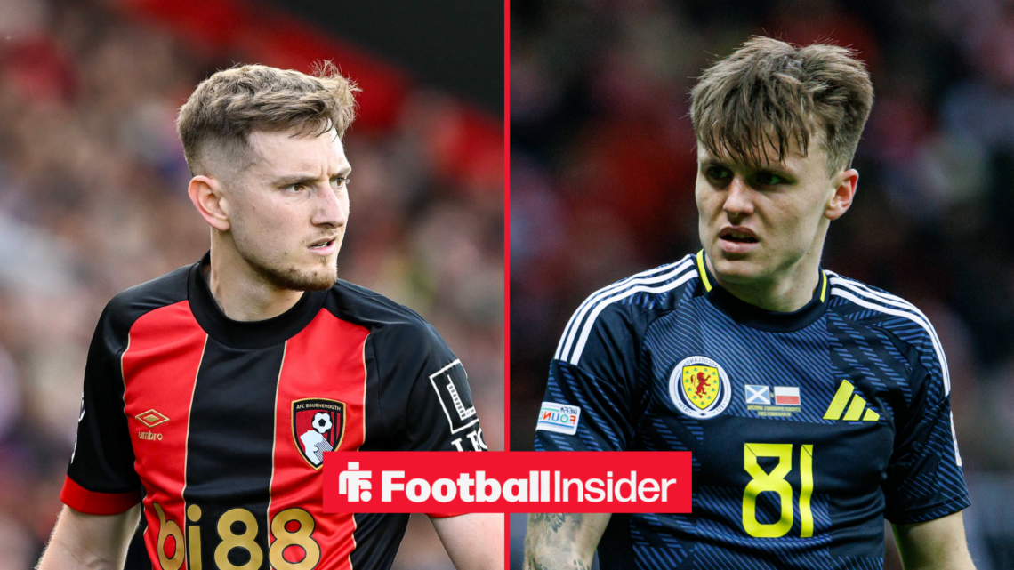 David Brooks looking focused on the left with Ben Doak looking nervous in a Scotland shirt on the right
