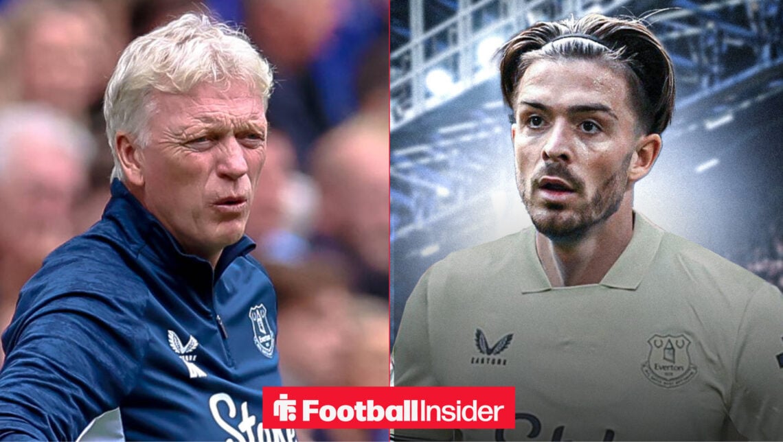 David Moyes on the Hill Dickinson Stadium touchline alongside Jack Grealish in an Everton shirt