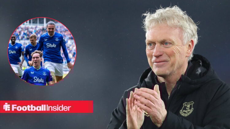 David Moyes smiles as he applauds Everton supporters, next to an image of James Garner and Jack Grealish celebrating a goal.