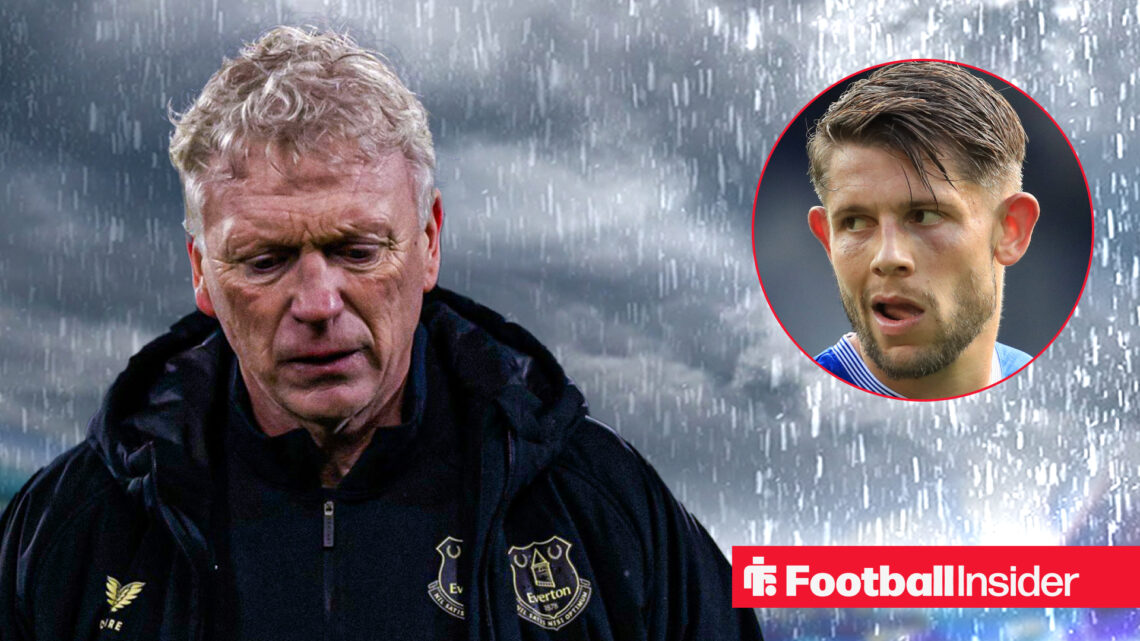 Everton manager David Moyes against a gloomy setting alongside a circular inset of defender James Tarkowski.