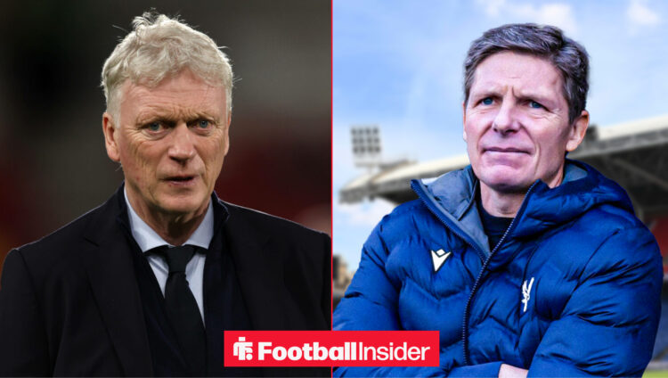Everton boss David Moyes and Crystal Palace's Oliver Glasner stand and watch their teams