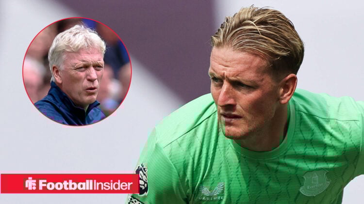 David Moyes on the left looking serious with his mouth partially open above a red football insider banner. jordan Pickford on the right in a green ...