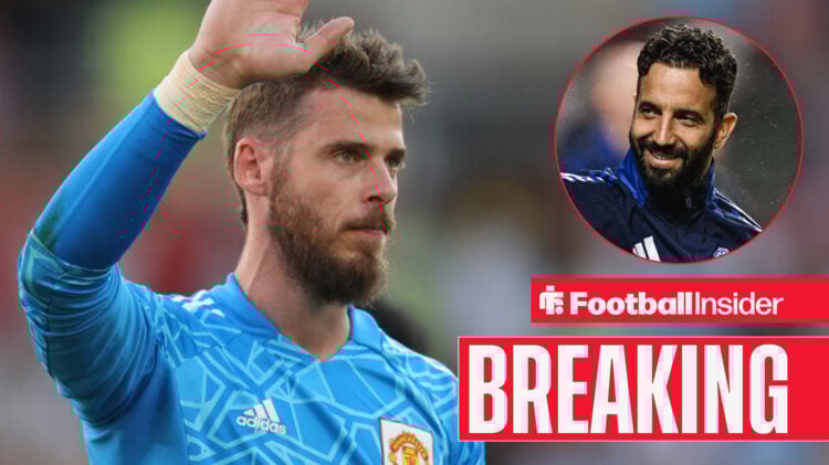 David de Gea waves to the Man United crowd with Ruben Amorim included in a circular inset
