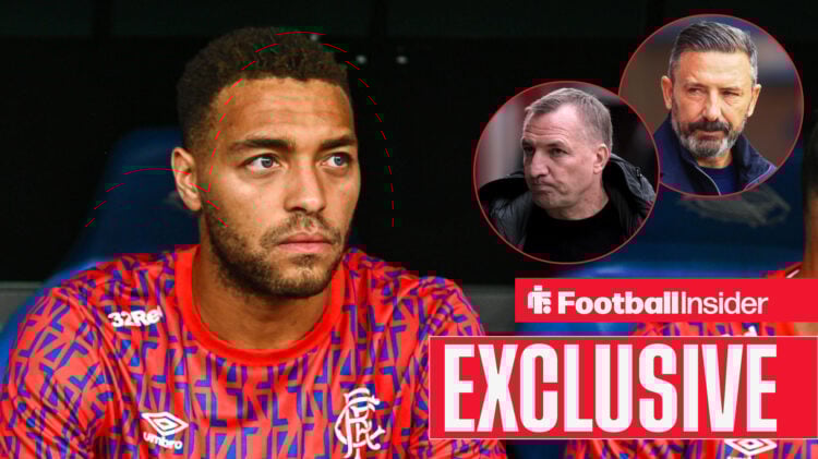 Cyriel Dessers sat on the Rangers bench looking at Brendan Rodgers and Derek McInnes in circular insets