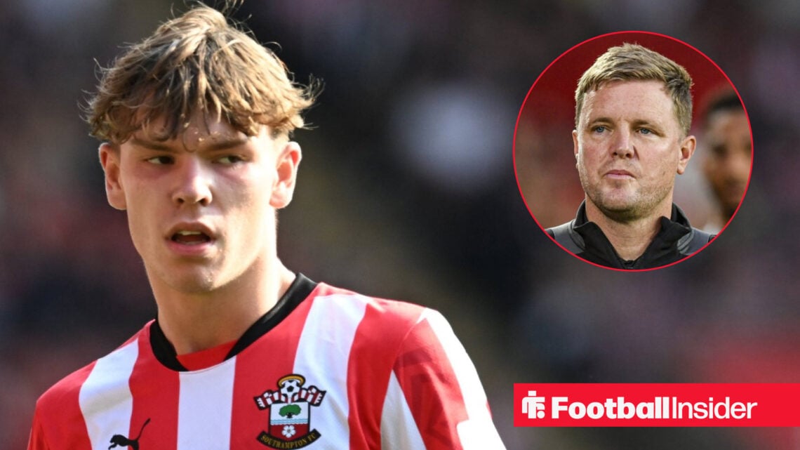 Southampton winger Tyler Dibling in action as Newcastle manager Eddie Howe looks on