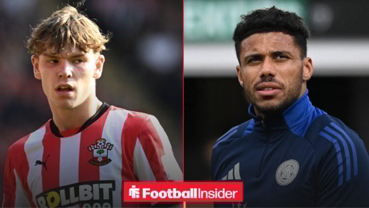 Southampton winger Tyler Dibling and Leicester City defender James Justin pictured next to each other during Premier League matches.
