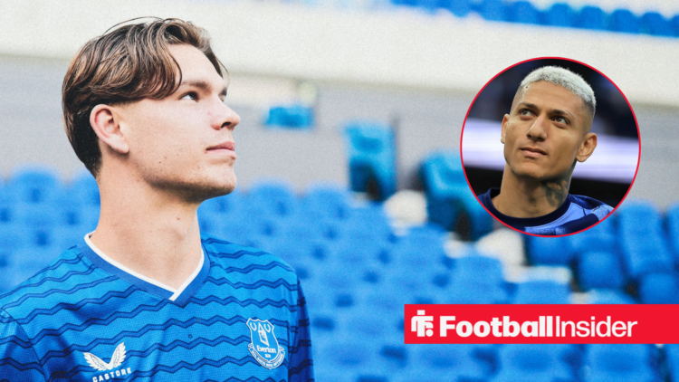 Tyler Dibling looking around Everton's stadium in the home shirt, next to an image of Richarlison