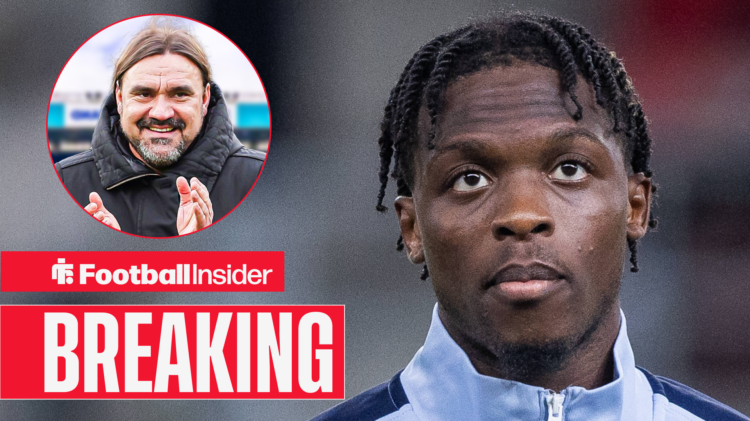 Strasbourg's Dilane Bakwa looks ahead before a game while Leeds manager Daniel Farke smiles in inset