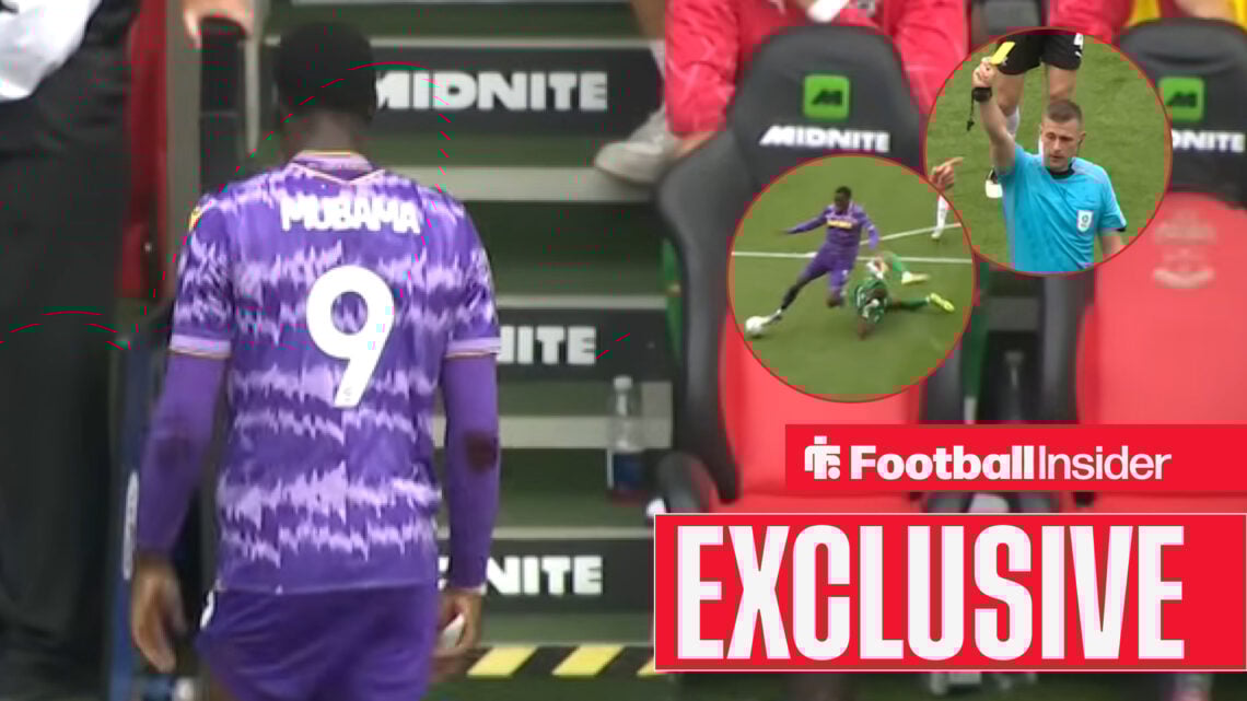 Divin Mubama walking off the pitch, his dive and referee Joshua Smith in circular insets