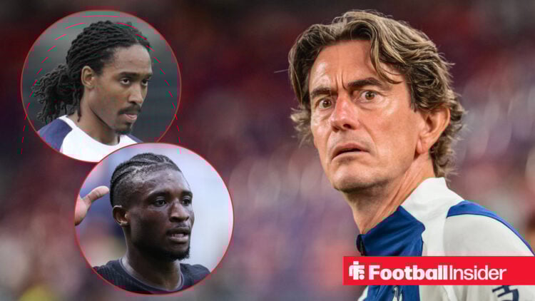 Djed Spence and Mohammed Kudus looking serious on the left with Thomas Frank looking concerned on the right