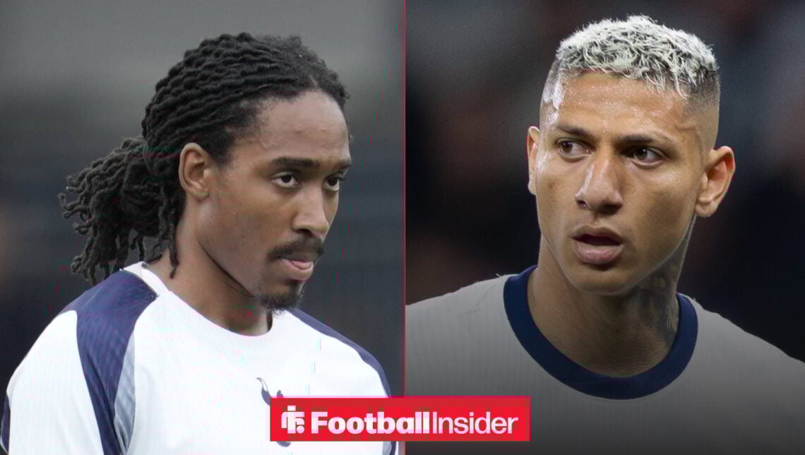 Djed Spence with his tongue sticking out looking sad with Richarlison looking focused