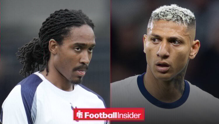 Djed Spence with his tongue sticking out looking sad with Richarlison looking focused