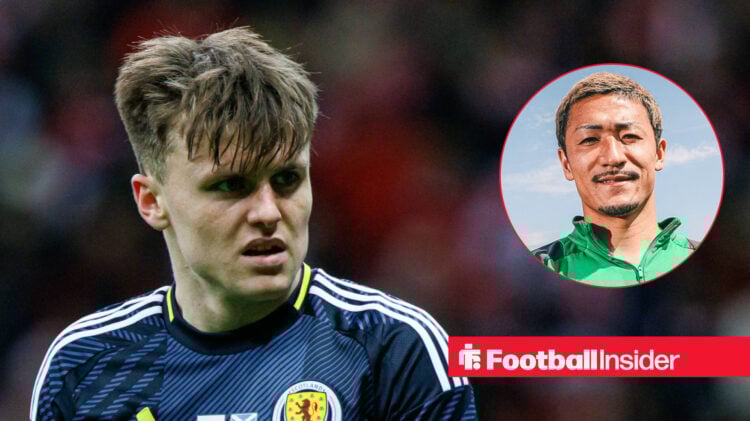 Ben Doak playing for Scotland , next to an image of Celtic's Daizen Maeda
