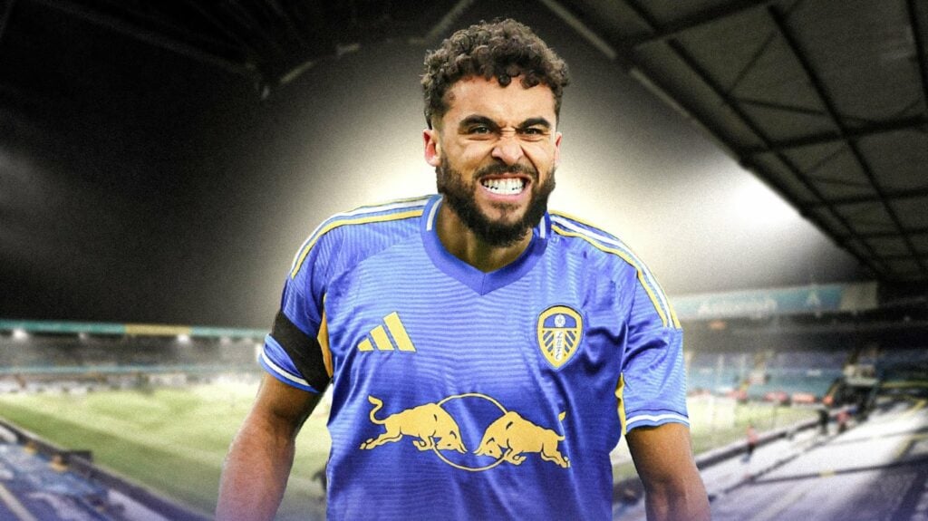 Dominic Calvert-Lewin bares his teeth in a Leeds shirt