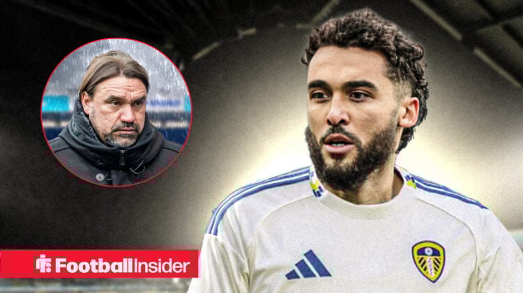 Leeds player Dominic Calvert Lewin in action and looking at Leeds manager Daniel Farke who looks worried