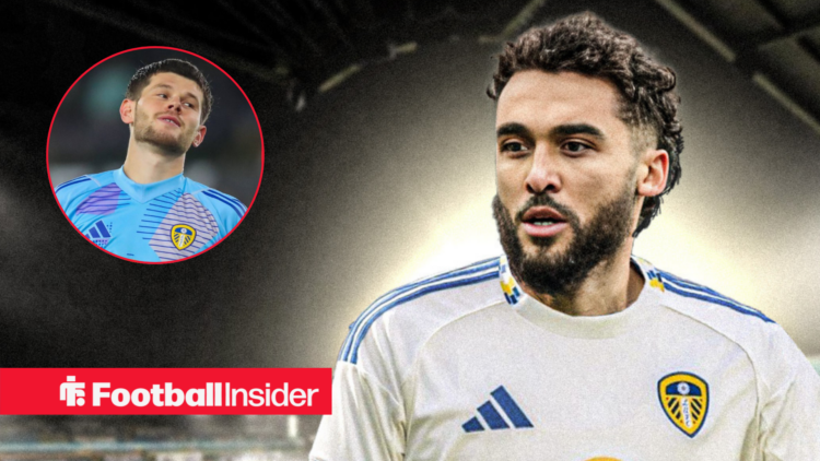 Dominic Calvert-Lewin in Leeds United home shirt with Illan Meslier inset