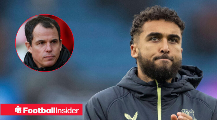 Striker Dominic Calvert-Lewin clapping the Everton supporters post-match alongside a head shot Sunderland manager Regis Le Bris