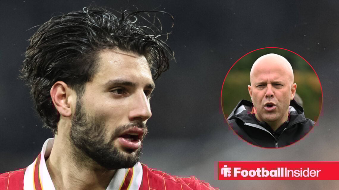 Liverpool midfielder Dominik Szoboszlai alongside a headshot of Arne Slot