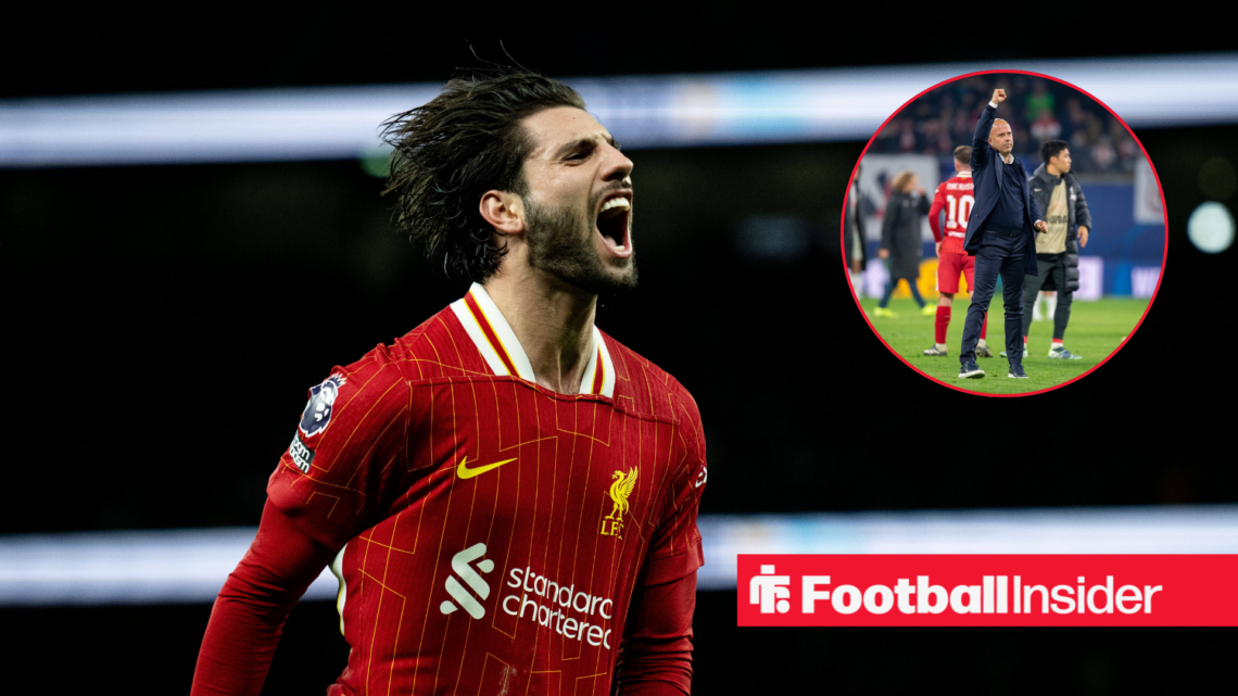 Dominik Szoboszlai in a red Liverpool kit and Arne Slot in a black jacket