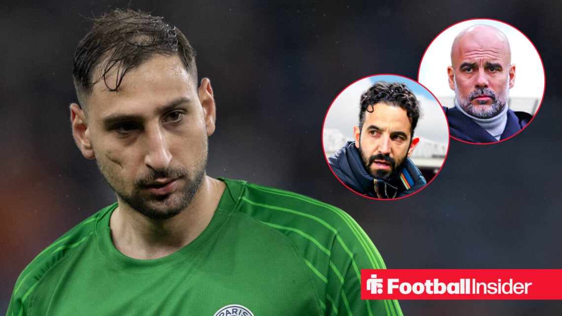 PSG goalkeeper Gianluigi Donnarumma looks across at Man United manager Ruben Amorim and Man City manager Pep Guardiola
