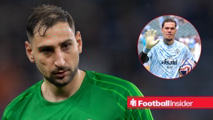 Gianluigi Donnarumma looks on while in action for PSG, next to an image of Ederson warming up for Man City