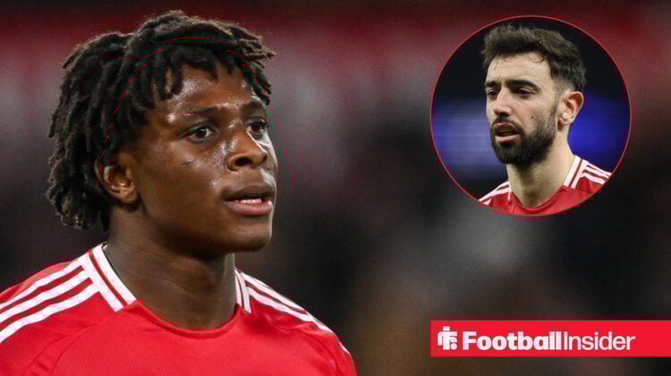 Patrick Dorgu looks across at Man United teammate Bruno Fernandes