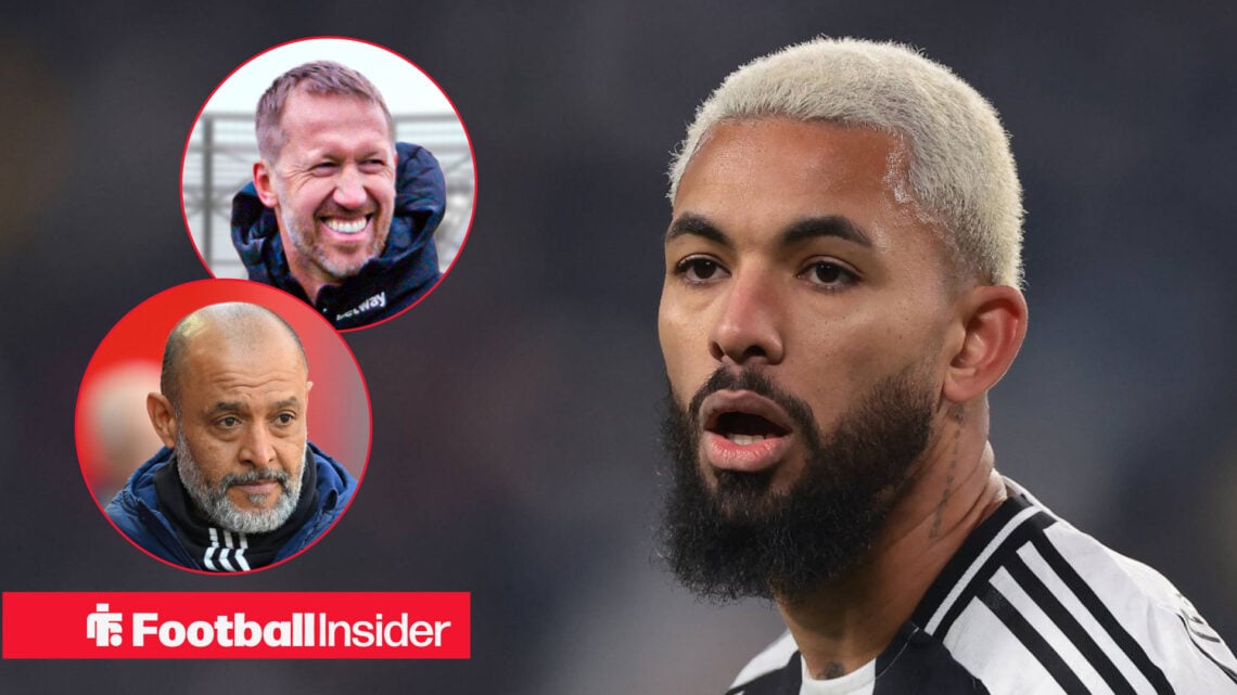Juventus' Douglas Luiz in action, West Ham manager Graham Potter happy, Forest manager Nuno Espirito Santo sad