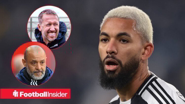 Juventus' Douglas Luiz in action, West Ham manager Graham Potter happy, Forest manager Nuno Espirito Santo sad