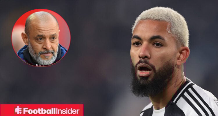 Douglas Luiz in action for Juventus alongside a circular inset of Forest manager Nuno Espirito Santo.