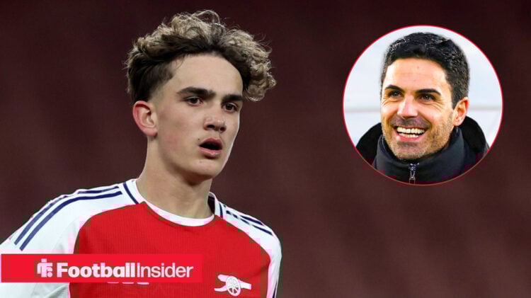 Max Dowman in an Arsenal kit, Mikel Arteta in a circular inset