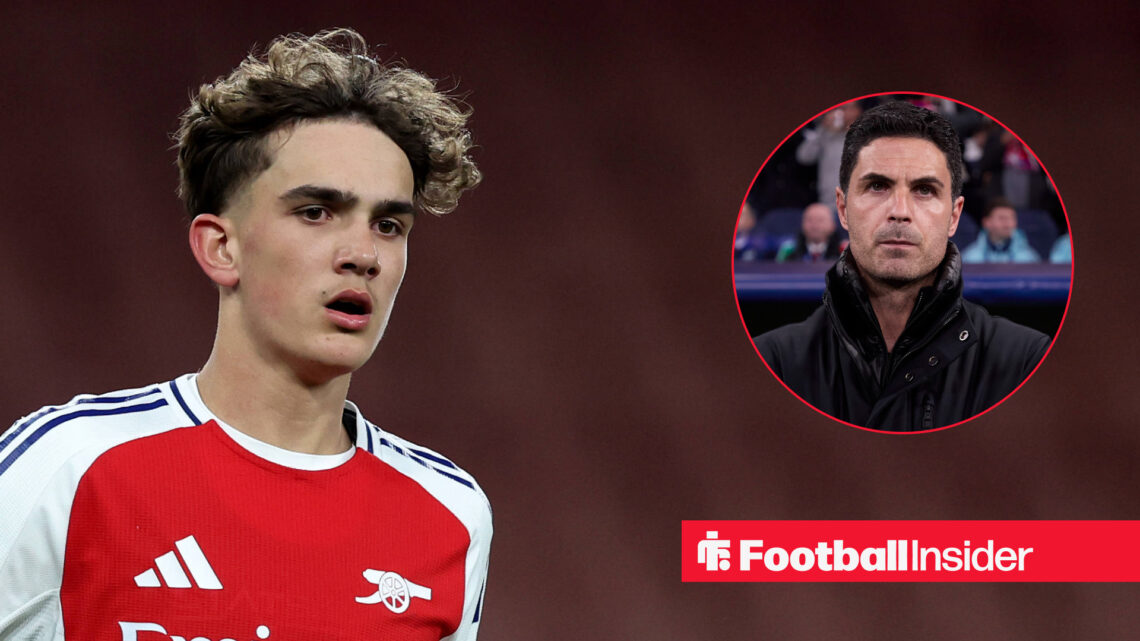Max Dowman in action for Arsenal, next to an image of Mikel Arteta on the sidelines