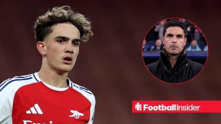 Max Dowman in action for Arsenal, next to an image of Mikel Arteta on the sidelines