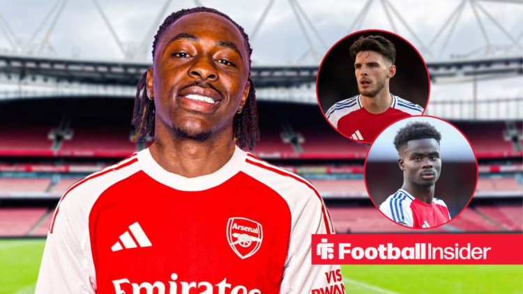 Eberechi Eze looking ahead in an Arsenal shirt with Arsenal's Declan Rice looking at him while in action and inset right and Bukayo Saka also in ac...