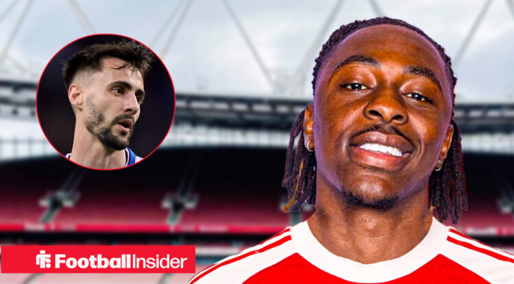Eberechi Eze in an Arsenal kit alongside Fabio Vieira