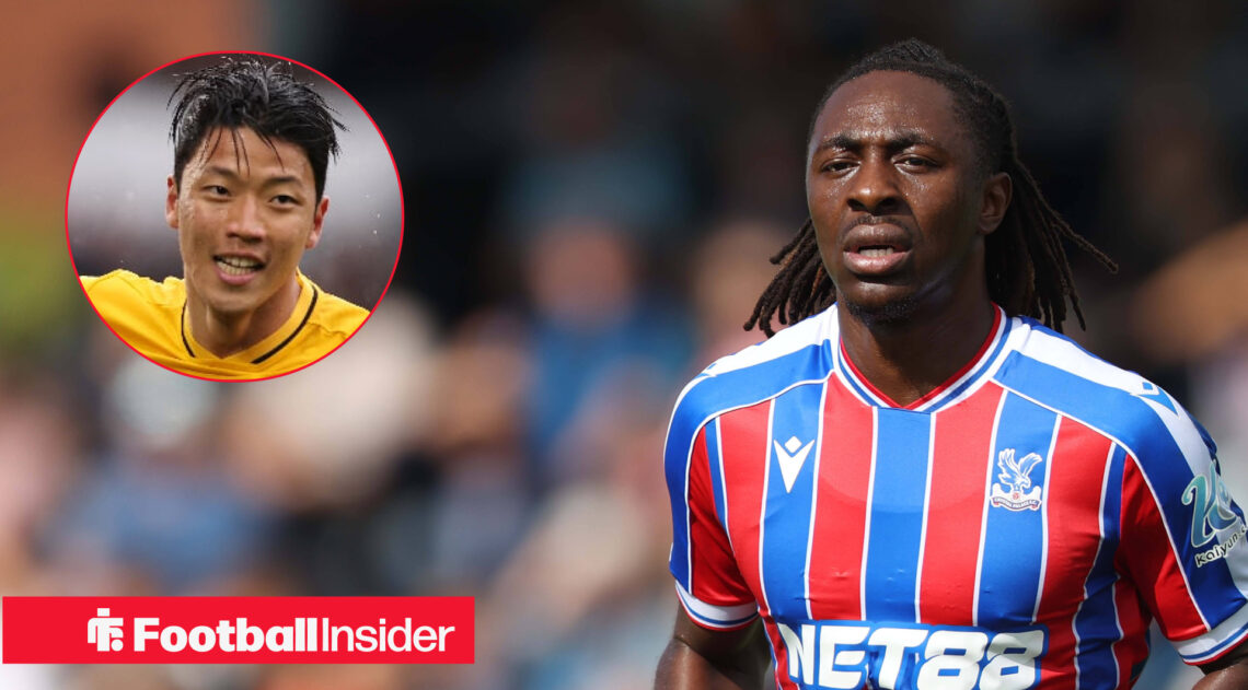 Crystal Palace midfielder Eberechi Eze in action alongside a circular inset of Wolves forward Hwang Hee-chan.