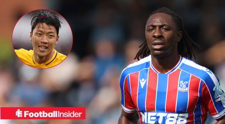 Crystal Palace midfielder Eberechi Eze in action alongside a circular inset of Wolves forward Hwang Hee-chan.