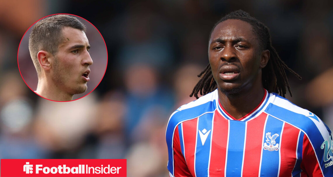 Eberechi Eze in action for Crystal Palace, alongside a circular inset of Arsenal defender Jakub Kiwior.