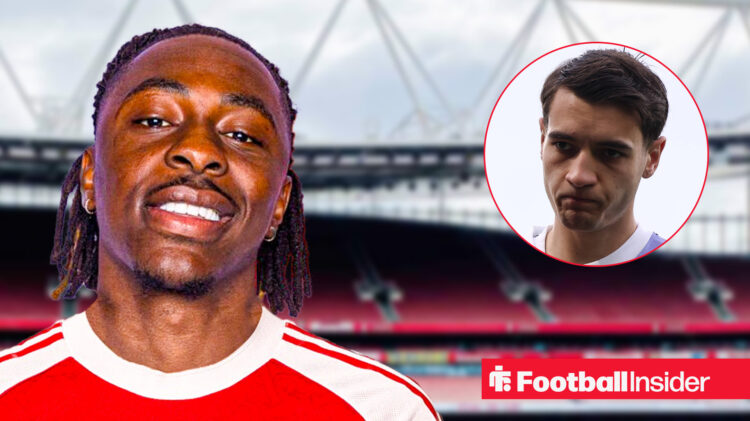 Eberechi Eze in Arsenal colours with a back drop of Emirates Stadium alongside Jakub Kiwior.