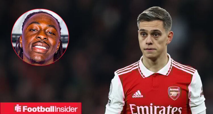 Arsenal forward Leandro Trossard alongside a circular inset of Eberechi Eze.