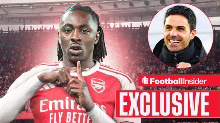Eberechi Eze performs his trademark celebration in an Arsenal shirt, with Mikel Arteta in a circular inset