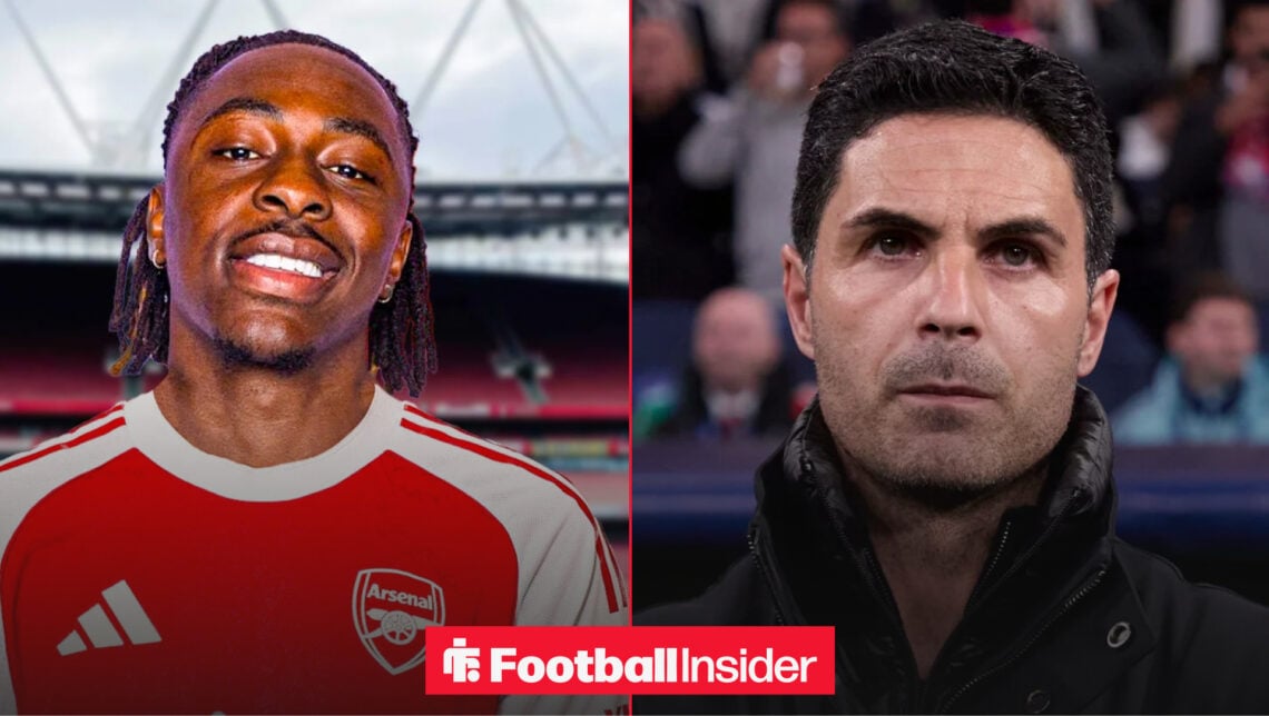 Eberechi Eze in an Arsenal shirt next to an image of Mikel Arteta