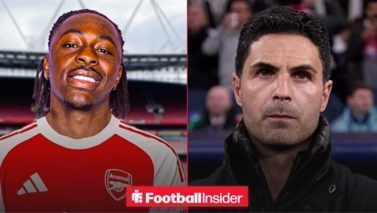 Eberechi Eze in an Arsenal shirt next to an image of Mikel Arteta