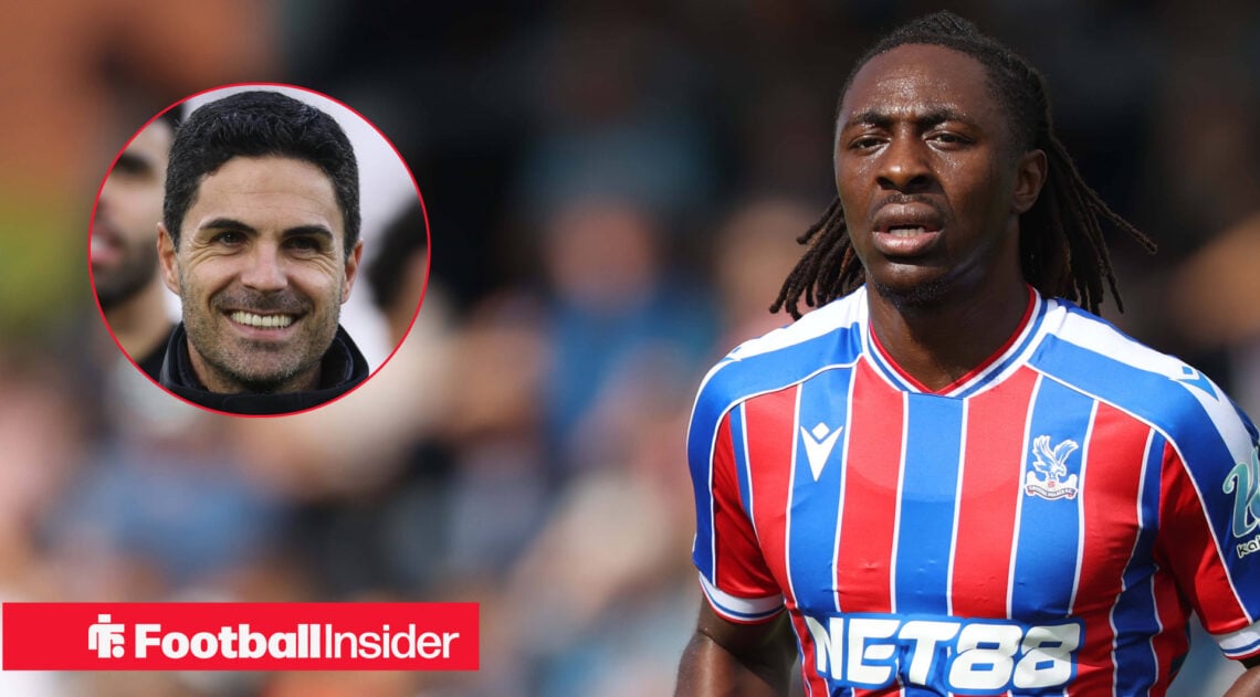 Eberechi Eze in action for Crystal Palace alongside a smiling Mikel Arteta