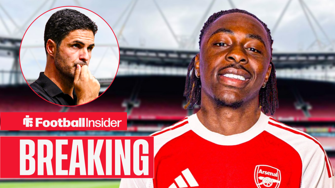 Eberechi Eze smiling in an Arsenal kit at the Emirates with Mikel Arteta looking at him with his hand to his mouth in inset