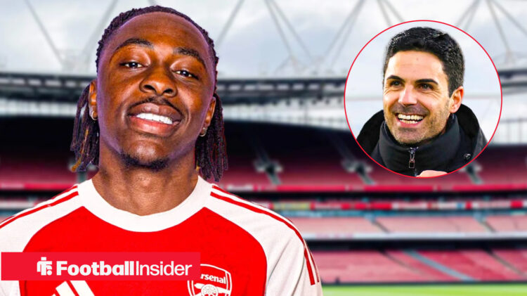 Eberechi Eze in a Arsenal shirt with a smiling Mikel Arteta