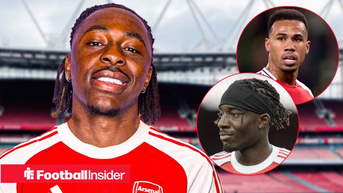 Eberechi Eze in Arsenal shirt with Gabriel and Noni Madueke inset