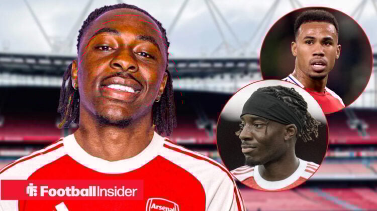 Eberechi Eze in Arsenal shirt with Gabriel and Noni Madueke inset