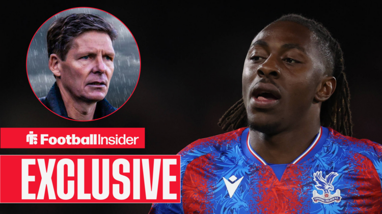 Crystal Palace midfielder Eberechi Eze alongside a head shot of a concerned looking Oliver Glasner.